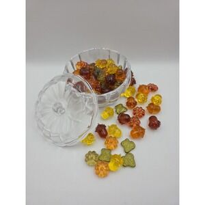 Glass Pumpkin Candy Jar w Lid & Fall Filler Décor Acorns Leaves Harvest Display